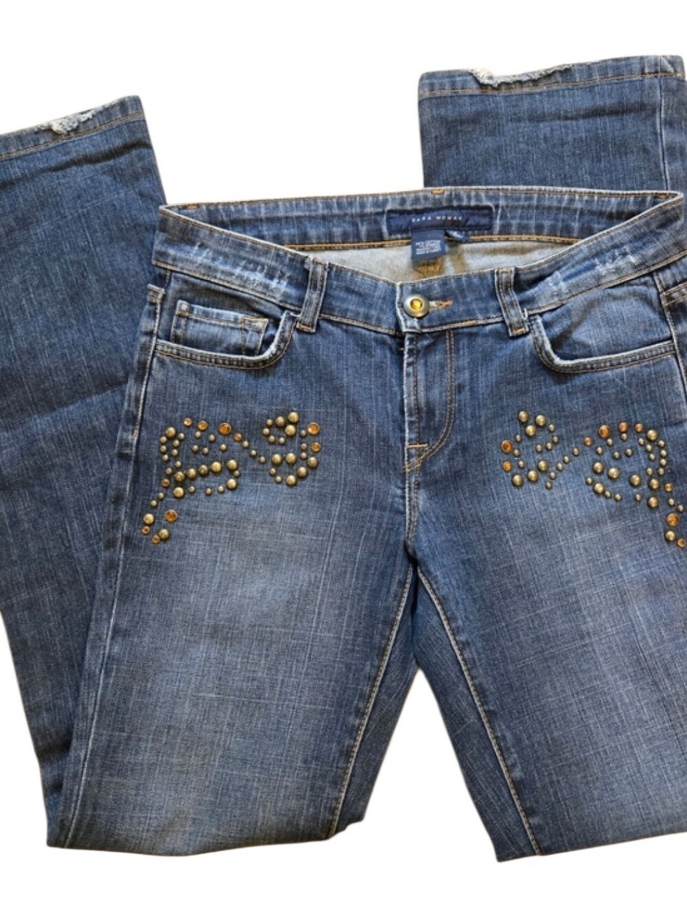 Y2K Blue Bootcut Jeans with Gold-Tone Studs Sz 6 30x31 *slight Wear On Back Hem